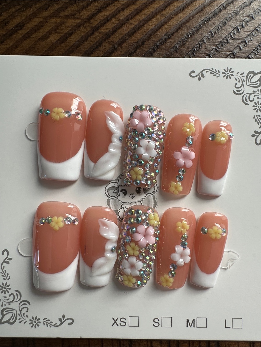 Peach Blossom Rhinestone Press-On Nails with White Accents